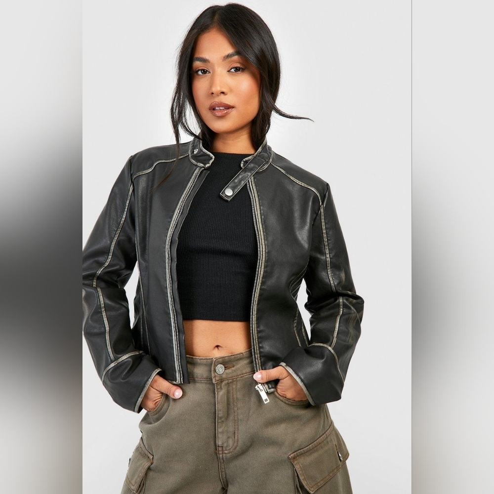 Boohoo Petite Vintage Look Moto Faux Leather Jacket (US 8)